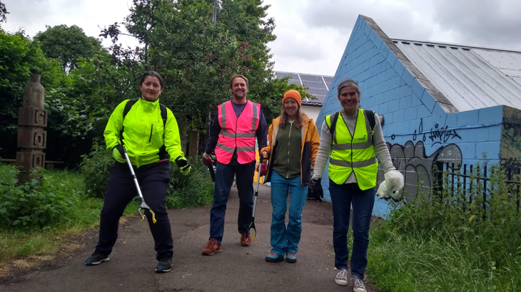 Four Sustrans colleagues out on the Bristol and Bath Railway Path to clean up the route and pick up litter.